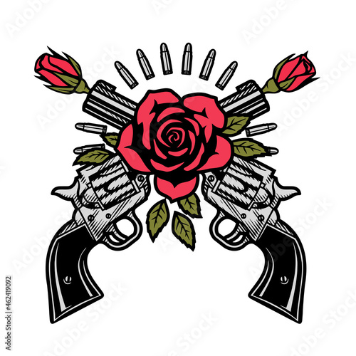 Two crossed pistols and roses. Vector illustration.