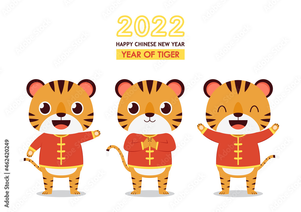 Happy Chinese new year 2022 poster. Happy Chinese new year greeting card 2022 with cute tiger. Tiger character design. Happy Chinese new year 2022 poster. Happy Chinese new year greeting card 2022 with cute tiger. Tiger character design.