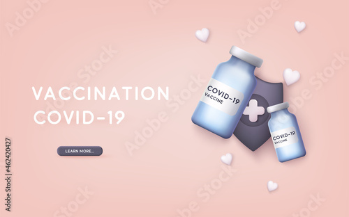 Covid-19 coronavirus vaccine. Vaccine bottle. Covid19 immunization treatment. 3D Web Vector Illustrations.