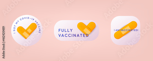 Set of vaccination badge with quote. Vaccinated against covid-19.