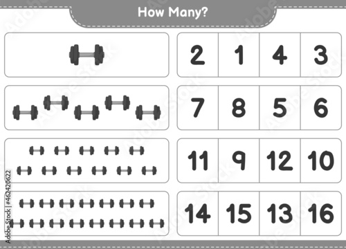 Counting game, how many Dumbbell. Educational children game, printable worksheet, vector illustration