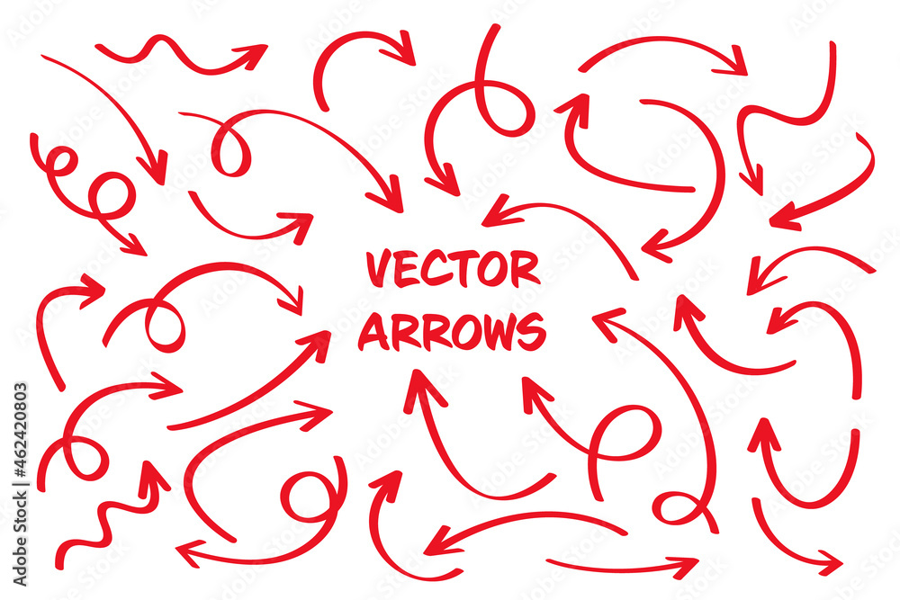 Red hand drawn arrows isolated on white background. Doodle arrow, zigzag and round pointers. Handmade sketches of direction symbols. Vector illustration. Red hand drawn arrows isolated on white background. Doodle arrow, zigzag and round pointers. Handmade sketches of direction symbols. Vector illustration.
