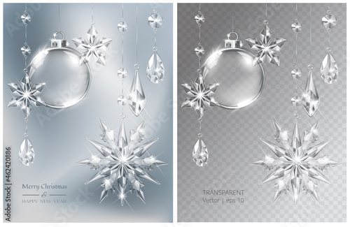 Vector Christmas background with realistic transparent glass balls, snowflakes and decoration. Glass sphere and sparkling translucent crystals