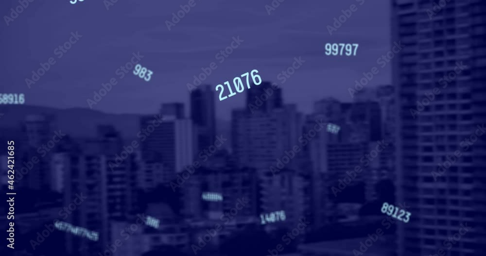 Animation of falling numbers over cityscape Animation of falling numbers over cityscape