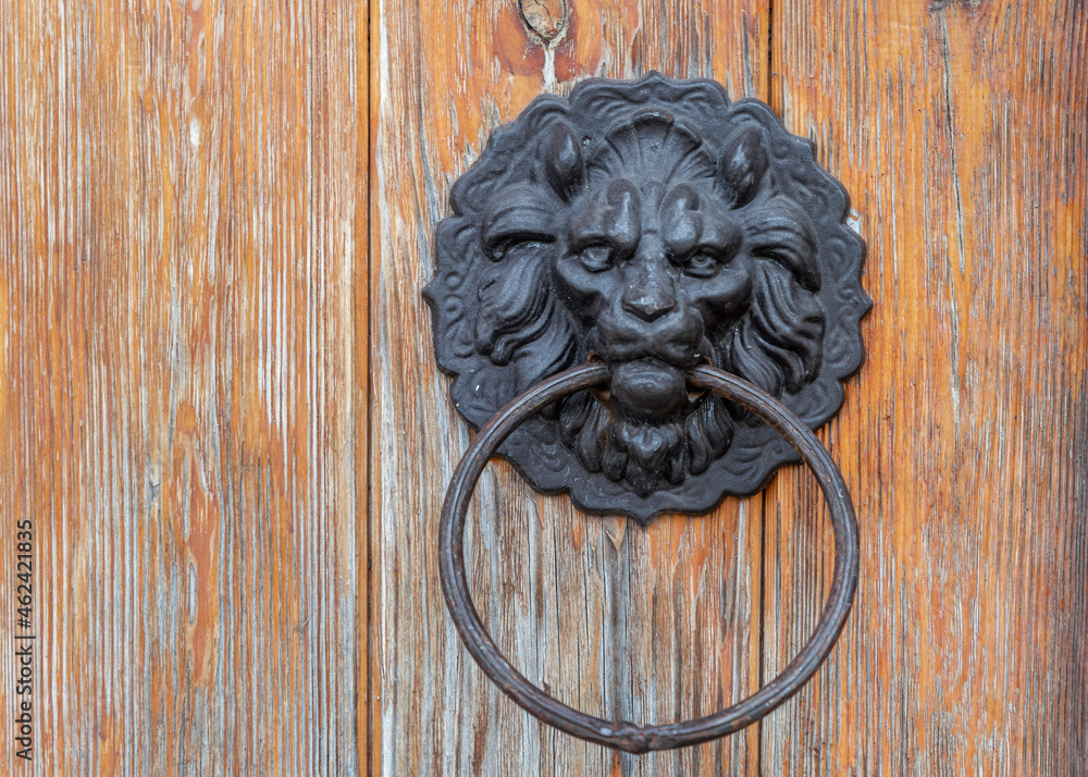 Metal round ring latch decoration handle fitted on wooden gate. Metal door lion head shaped knob ring close up Metal round ring latch decoration handle fitted on wooden gate. Metal door lion head shaped knob ring close up