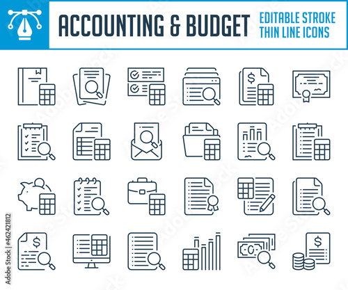 Accounting and Financial budget analysis thin line icons. Business calculation and Financial report outline icon set. Editable stroke icons.
