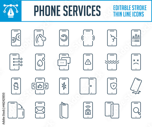 Mobile phone service and Application settings thin line icons. Repair, Maintenance and Mobile protection outline icon set. Editable stroke icons.