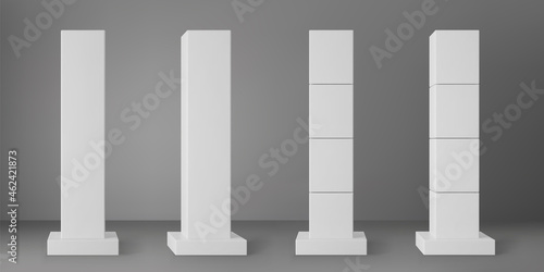 Base white square columns set with rectangular plinth isolated on grey background. Realistic 3d pillar for modern room interior or bridge construction. Vector render pole base for banner or billboard
