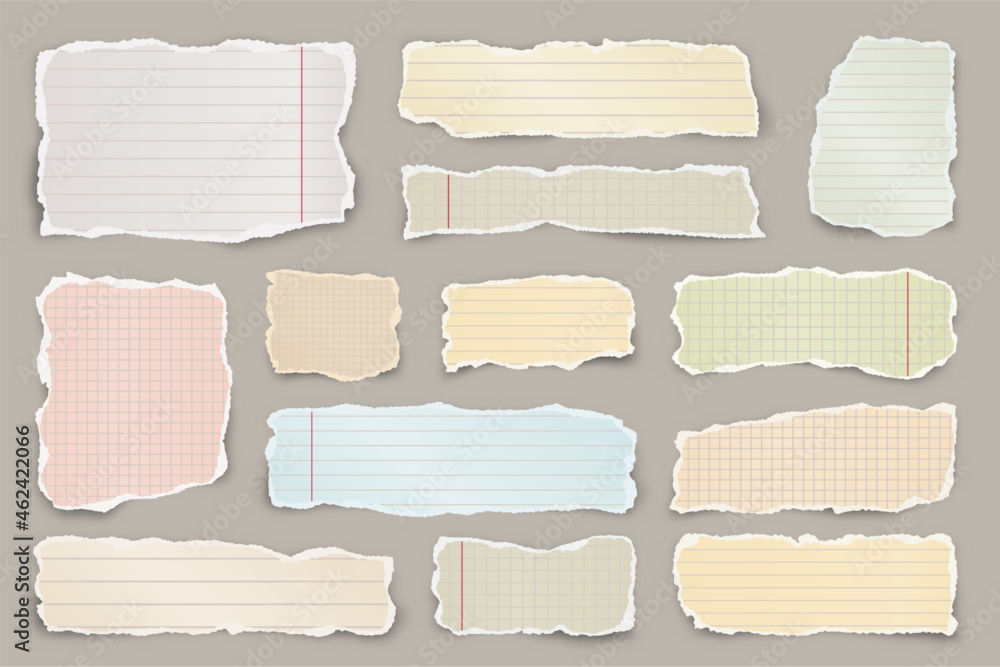 Ripped colorful paper strips. Realistic crumpled paper scraps with torn edges. Lined shreds of notebook pages. Vector illustration.