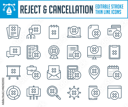 Reject and Cancellation thin line icons. Decline, Deny and Delete related outline icon set. Editable stroke icons.