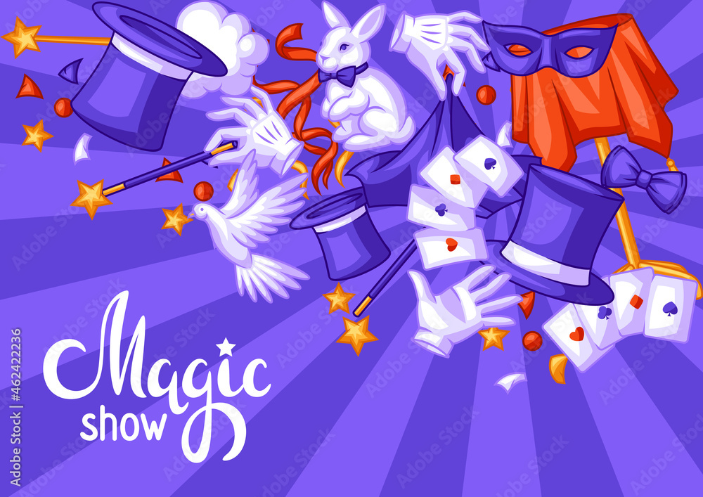 Naklejka premium Magician background with magic items. Illusionist show or performance banner. Cartoon style illustration of tricks.