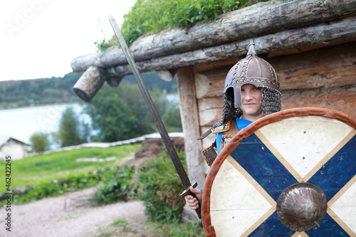 Kid in Viking Armor with shield photo