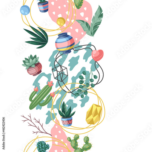 Seamless pattern with cactuses and succulents. Decorative spiky flowering cacti and plants in flowerpots.