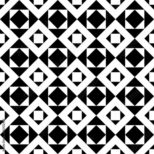 Black repeated squares in rhombs tiles. Diagonal vector sample with black and white in one shapes.