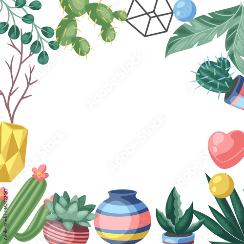 Frame with cactuses and succulents. Decorative spiky flowering cacti and plants in flowerpots.