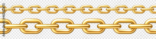 Realistic gold plated seamless metal chain with golden links on checkered background. Vector illustration.