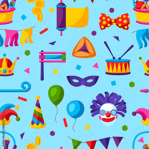 Happy Purim Jewish holiday seamless pattern. Background with traditional symbols.