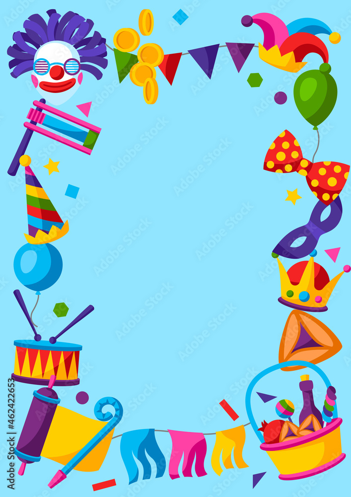 Happy Purim Jewish holiday frame. Background with traditional symbols. Happy Purim Jewish holiday frame. Background with traditional symbols.
