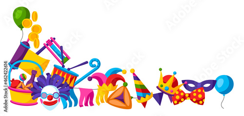 Happy Purim Jewish holiday frame. Background with traditional symbols.