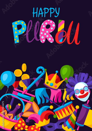 Happy Purim Jewish holiday greeting card. Background with traditional symbols.