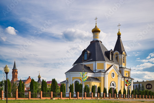 Rechitsa, BELARUS - OCTOBER 12, 2021: Orthodox church against the blue sky photo