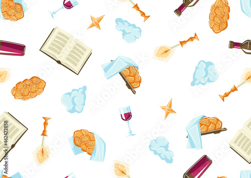 Shabbat Shalom seamless pattern with religious objects. Background with Jewish symbols.