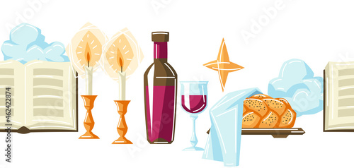Shabbat Shalom seamless pattern with religious objects. Background with Jewish symbols.