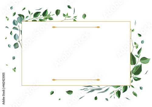 Frame with branches and green leaves. Spring or summer stylized foliage.