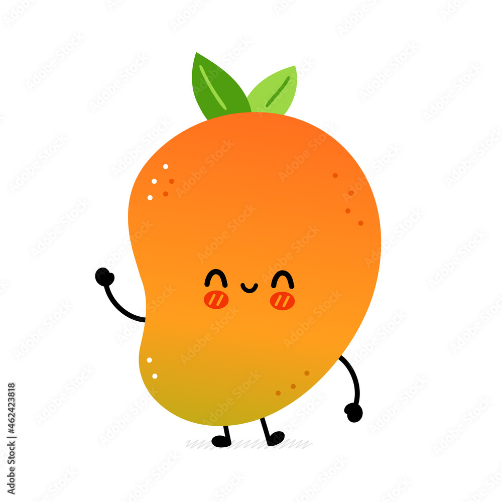 Cute funny mango fruit. Vector hand drawn cartoon kawaii character illustration icon. Isolated on white background. Mango exotic baby fruit character concept Cute funny mango fruit. Vector hand drawn cartoon kawaii character illustration icon. Isolated on white background. Mango exotic baby fruit character concept