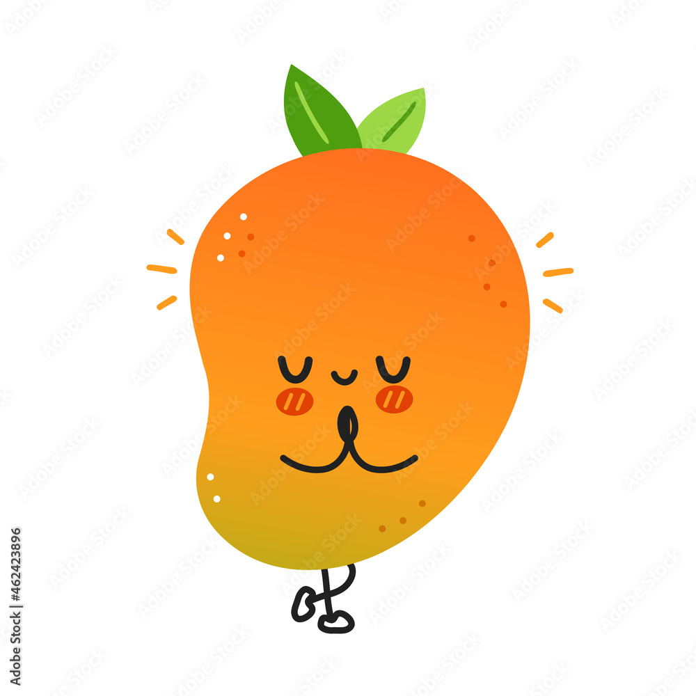Cute funny mango fruit meditate in yoga pose. Vector hand drawn cartoon kawaii character illustration icon. Isolated on white background. Mango exotic baby fruit character concept Cute funny mango fruit meditate in yoga pose. Vector hand drawn cartoon kawaii character illustration icon. Isolated on white background. Mango exotic baby fruit character concept