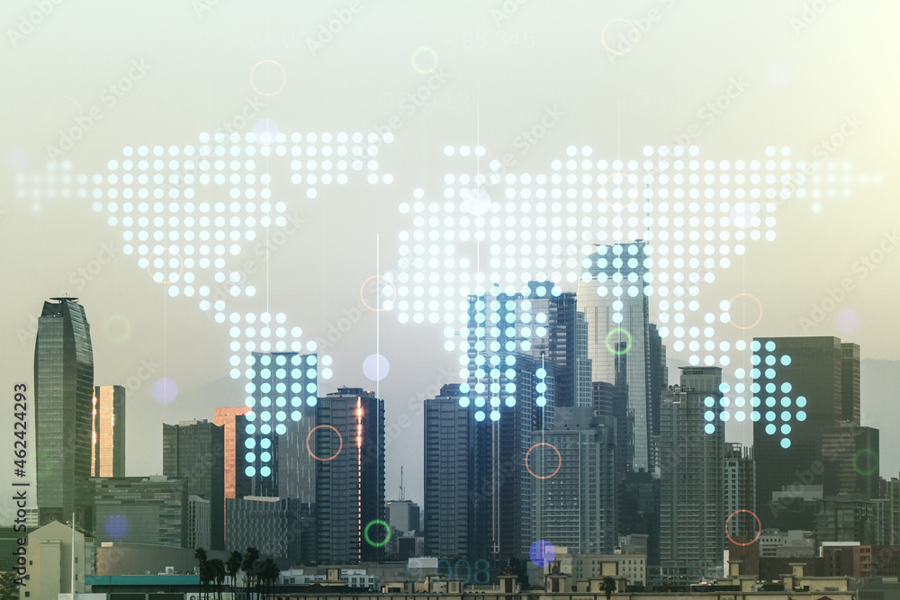 Double exposure of abstract digital world map hologram on Los Angeles office buildings background, big data and blockchain concept