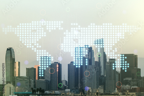 Double exposure of abstract digital world map hologram on Los Angeles office buildings background  big data and blockchain concept