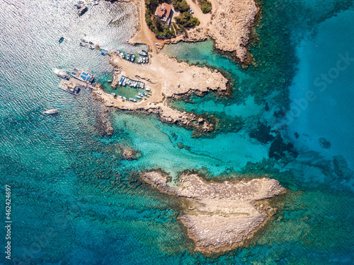 Aerial view on clear blue water of bay with boats. Cyprus © Anton Tolmachov