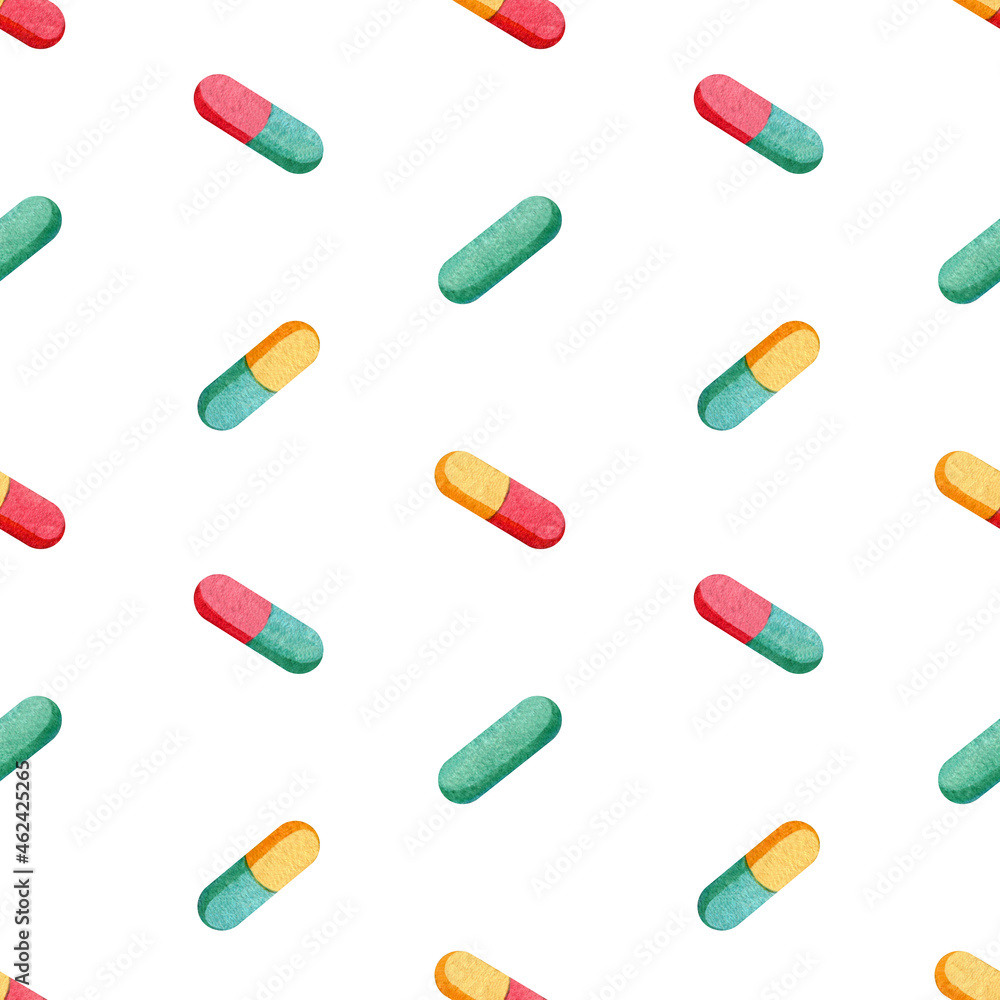 Watercolor Pattern with isolated Elements on white background: Pills, Cells, Viruses, Bacteria. Set of illustrations on a medical theme (scrapbooking, business cards, packaging, textiles) Watercolor Pattern with isolated Elements on white background: Pills, Cells, Viruses, Bacteria. Set of illustrations on a medical theme (scrapbooking, business cards, packaging, textiles)