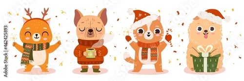 Cat, dogs in Christmas ugly sweaters. Set of pets in winter Xmas outfits. Vector flat illustration