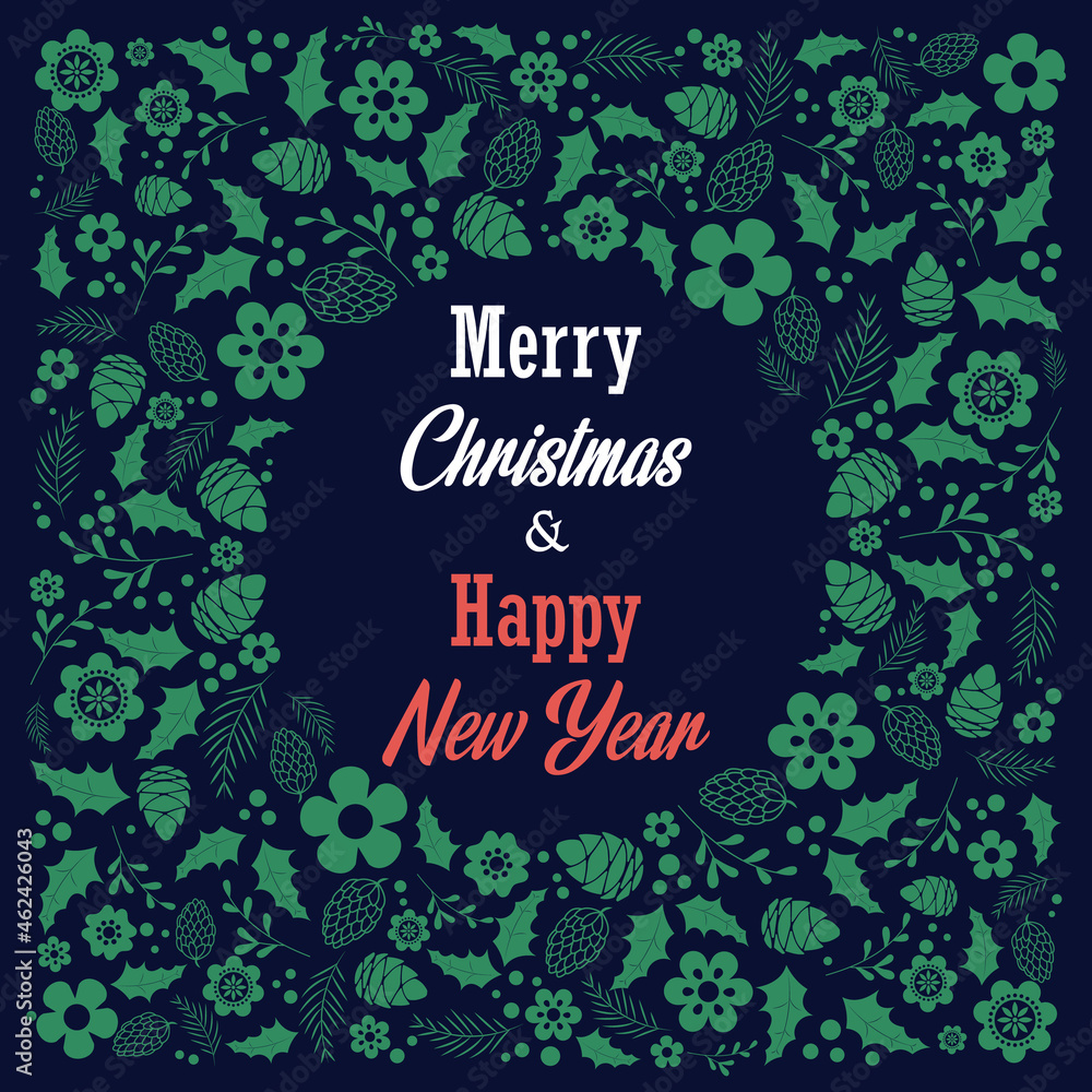 Merry Christmas greeting card on dark background with typography, lettering. Greeting card, banner and poster happy new year