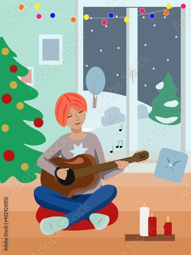 Vector scene with girl playing guitar in Christmas time