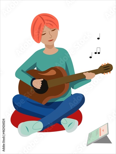 Vector girl studing guitar online