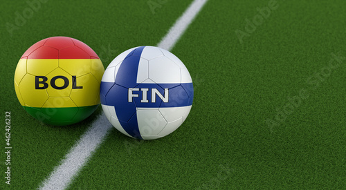 Finland vs. Bolivia Soccer Match - Leather balls in Finland and Bolivia national colors. 3D Rendering 