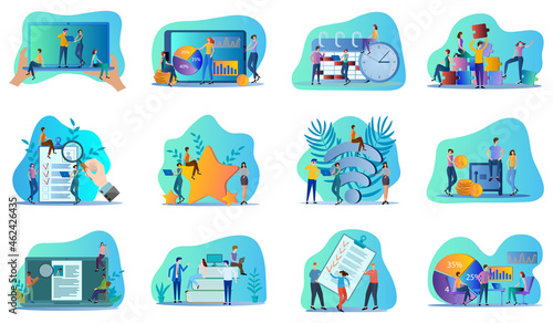 Online conference,banking,Wi-Fi,recruitment,teamwork.A set of flat icons vector illustrations on the topic of business and technology.