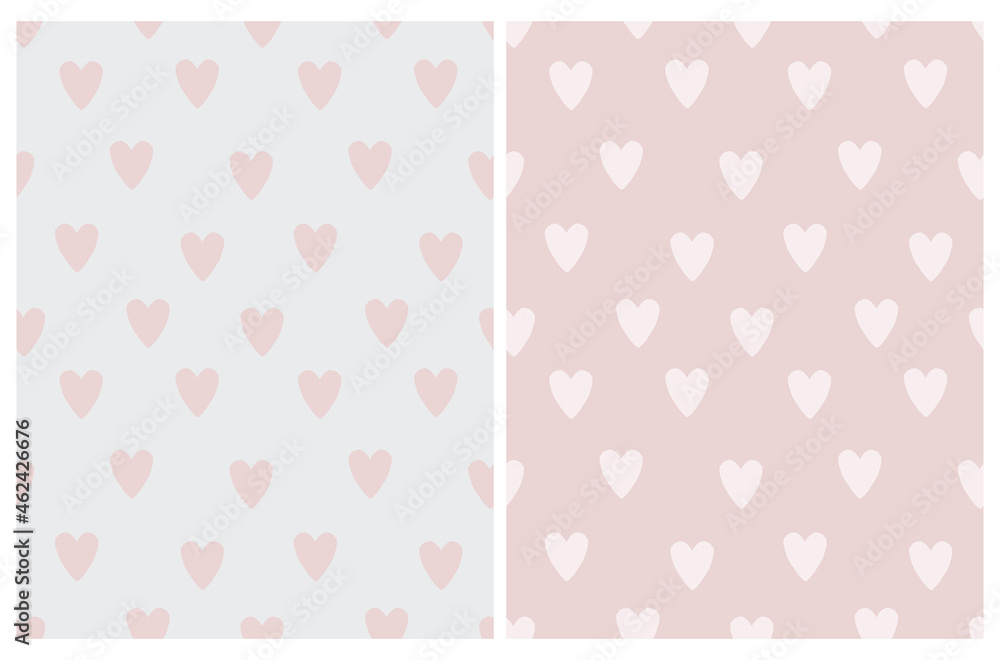Cute Seamless Vector Pattern with Pink Irregular Hand Drawn Hearts on a Light Pink and Light Gray Background. Funny Infantile Design with Love Symbols. Romantic Repeatable Print ideal for Fabric.