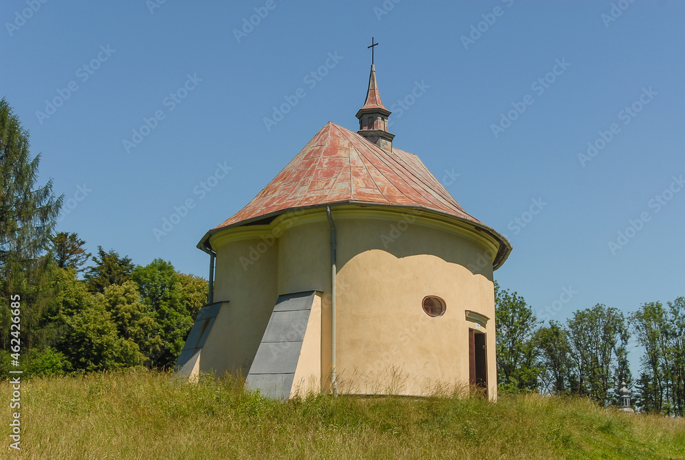 A chapel surrounded by fields and forests, Kalwaria Pacławska, Poland