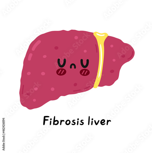 Cute sad sick funny liver organ fibrosis character. Vector hand drawn cartoon kawaii character illustration icon. Isolated on white background. Human Liver fibrosis, sick cartoon character concept