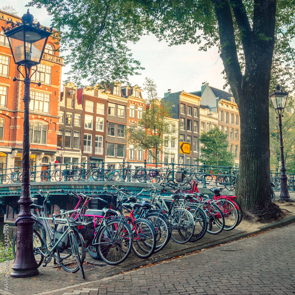 Popular bicycles in Europe. Many bicycles are parked on the street and traditional old European houses. Amsterdam, Netherlands, Holland
