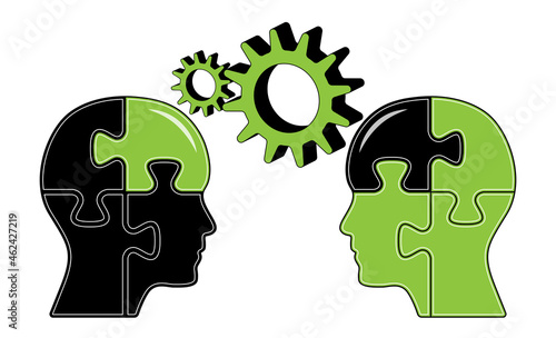 3d puzzle shaped heads with three dimensional gears vector illustration. Green and black colored business infographics design to use in teamwork, brainstorming, leadership, career, motivation projects