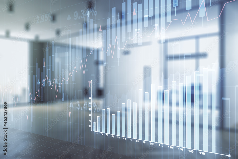 Double exposure of abstract creative financial chart hologram on modern corporate office background, research and strategy concept Double exposure of abstract creative financial chart hologram on modern corporate office background, research and strategy concept