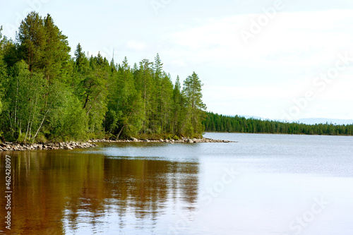 summer landscape. View of the river with a rocky bank and forest. Russia, Karelia