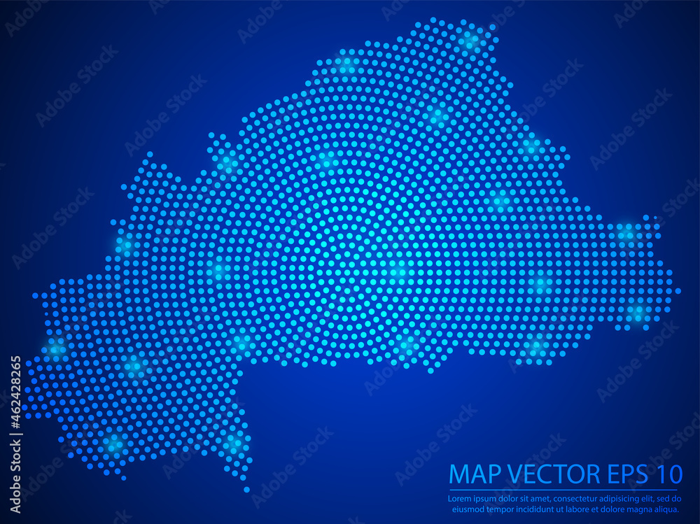 Abstract image Burkina Faso map from point blue and glowing stars on Blue background.Vector illustration eps 10.