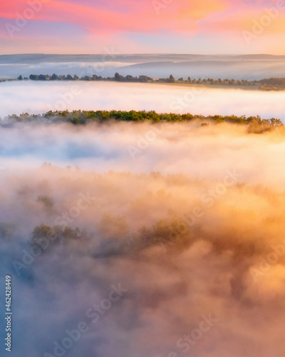 Majestic misty view of the picturesque countryside with the rays of morning light. © Leonid Tit