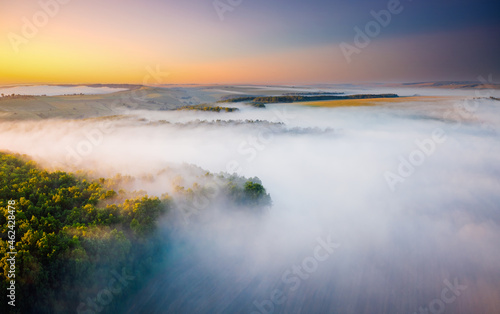 Awesome misty view of the countryside with the rays of morning light. © Leonid Tit